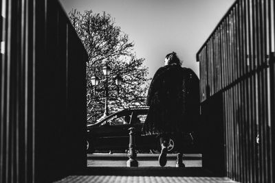 Rear view of man standing by window