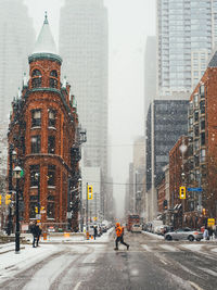 Gooderham building in toronto during snowfall