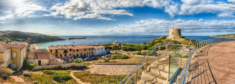 High angle view of historic building against sky