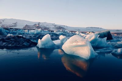 Scenic view of frozen river against clear sky