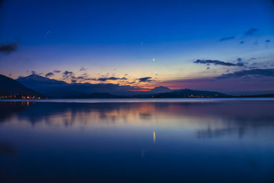Scenic view of lake against sky at sunset