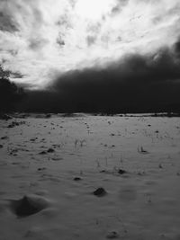 Scenic view of beach against cloudy sky