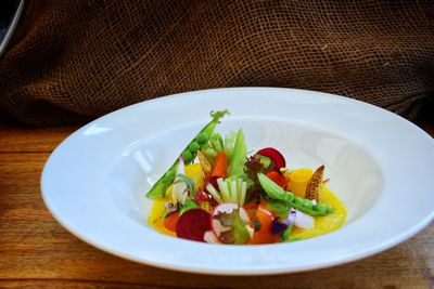 High angle view of salad in bowl on table