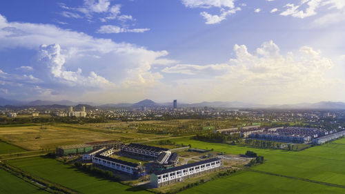 High angle view of townscape against sky