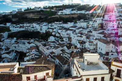 High angle view of buildings in town