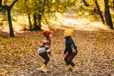 Rear view of boys on autumn leaves on land