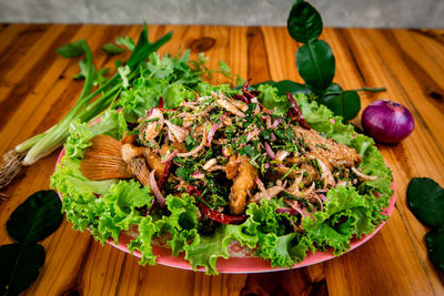 High angle view of food in plate