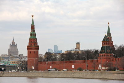 View of buildings in city against cloudy sky