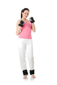 Portrait of woman standing against white background