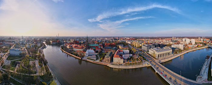 Wroclaw panorama with car bridge over odra river, aerial view