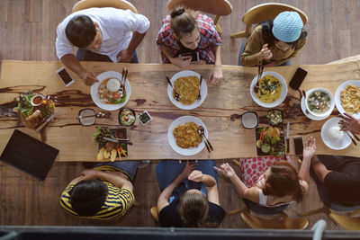 High angle view of people eating food