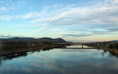 Scenic view of lake by mountain against sky