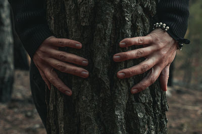 Midsection of man holding tree trunk in forest