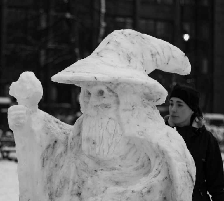 human representation, focus on foreground, creativity, art and craft, art, close-up, sculpture, childhood, statue, front view, lifestyles, leisure activity, winter, elementary age, person, cold temperature