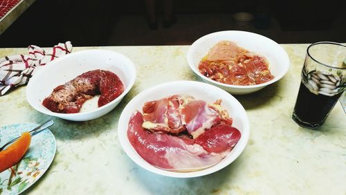 High angle view of food served on table