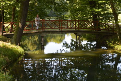 Reflection of bridge on water in lake