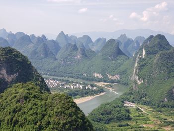 Panoramic view of river and mountains against sky