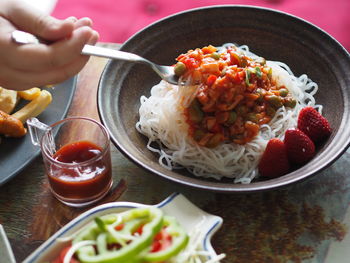 High angle view of food served on table