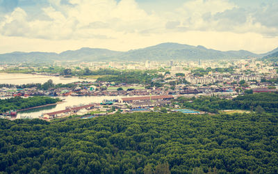 High angle view of townscape against sky