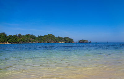 Scenic view of sea against clear blue sky