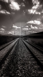 Railroad tracks against sky during sunset