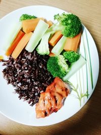 High angle view of food in plate on table