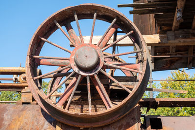 Old rusty wheel against clear sky