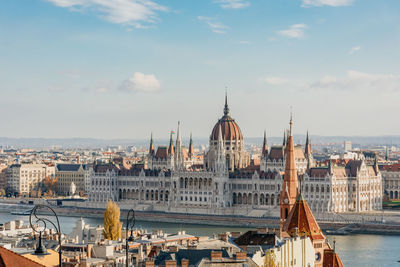 Cityscape of budapest and hungarian parliament on bank of danube river