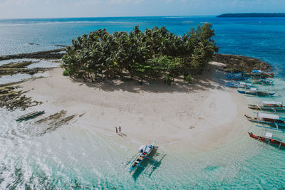 Drone view of friends at beach on sunny day