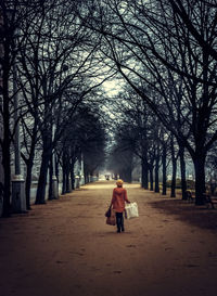 Rear view of woman walking in winter