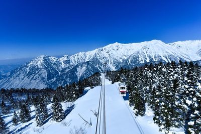 Snow covered mountain against clear blue sky