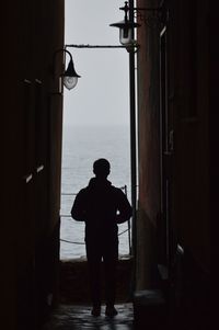 Rear view of silhouette man looking at sea