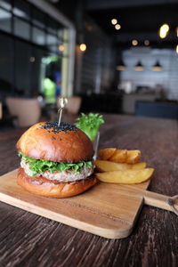 Close-up of burger on table in restaurant