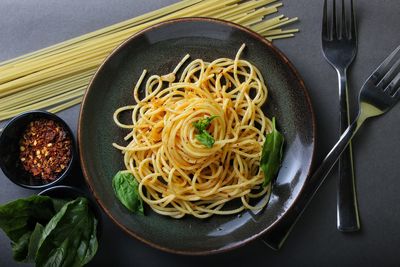 Directly above shot of noodles in plate on table