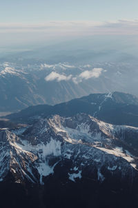 Aerial view of snowcapped mountains against sky