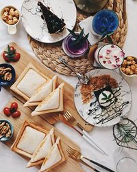 High angle view of bread on cutting board