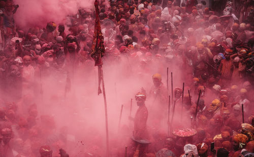 High angle view of crowd enjoying holi festival