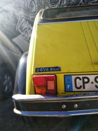 High angle view of text on car