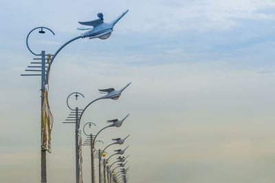 Low angle view of birds perching on plant against sky