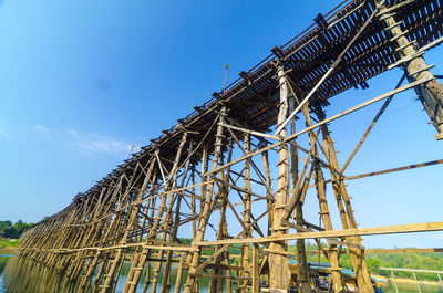 Low angle view of crane against blue sky