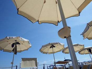 Low angle view of umbrellas against clear sky