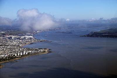 Aerial view of sea against cloudy sky