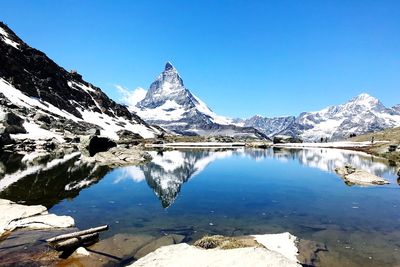 Scenic view of lake by snowcapped mountains against sky