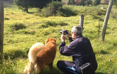 Rear view of man photographing with dog on field