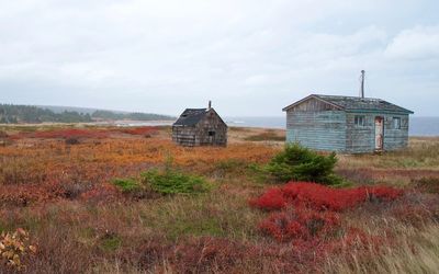 Abandoned house on field against sky