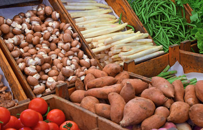 High angle view of vegetables for sale in market