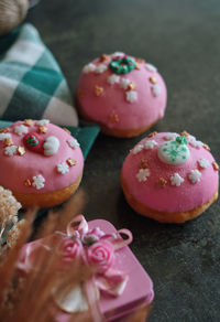 Close-up of donuts on table