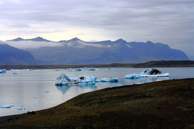 Scenic view of lake against mountain range