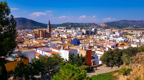 High angle shot of townscape against sky