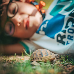 Close-up of baby lying on land